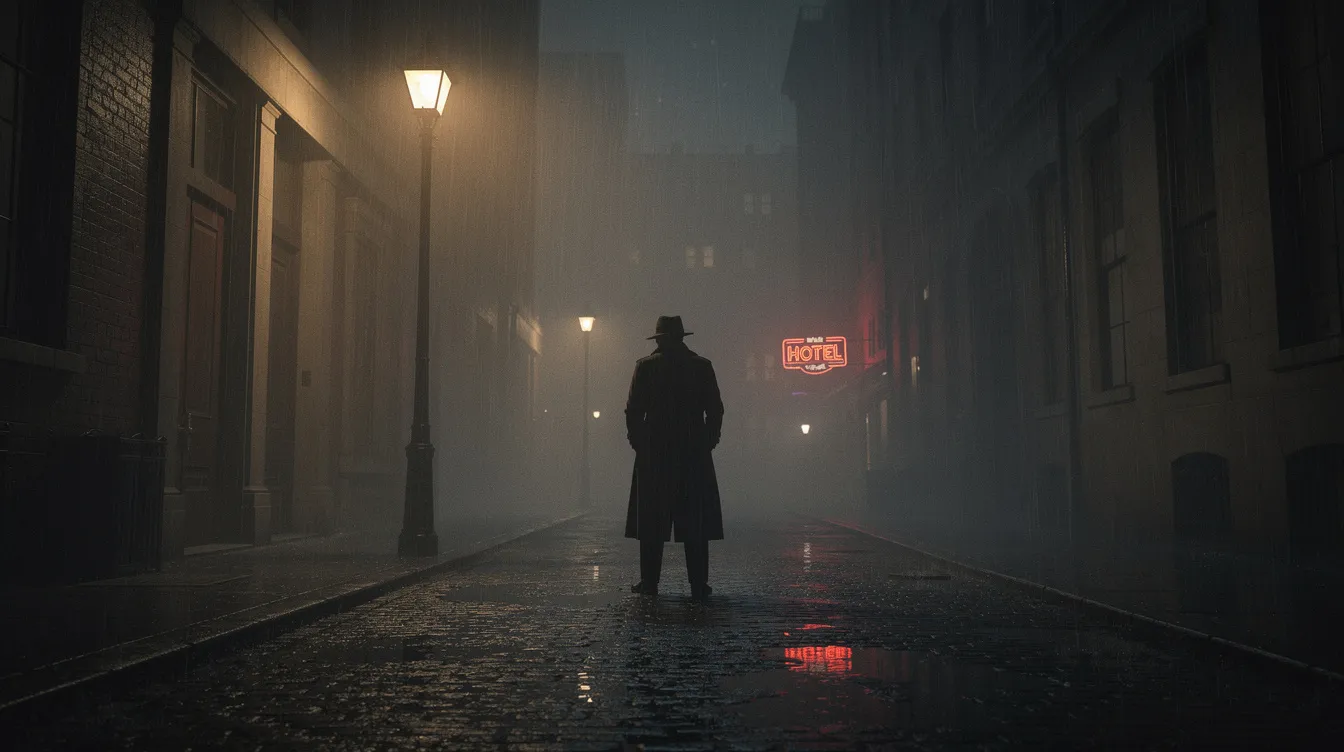 A detective under a streetlamp on a rain-slicked street